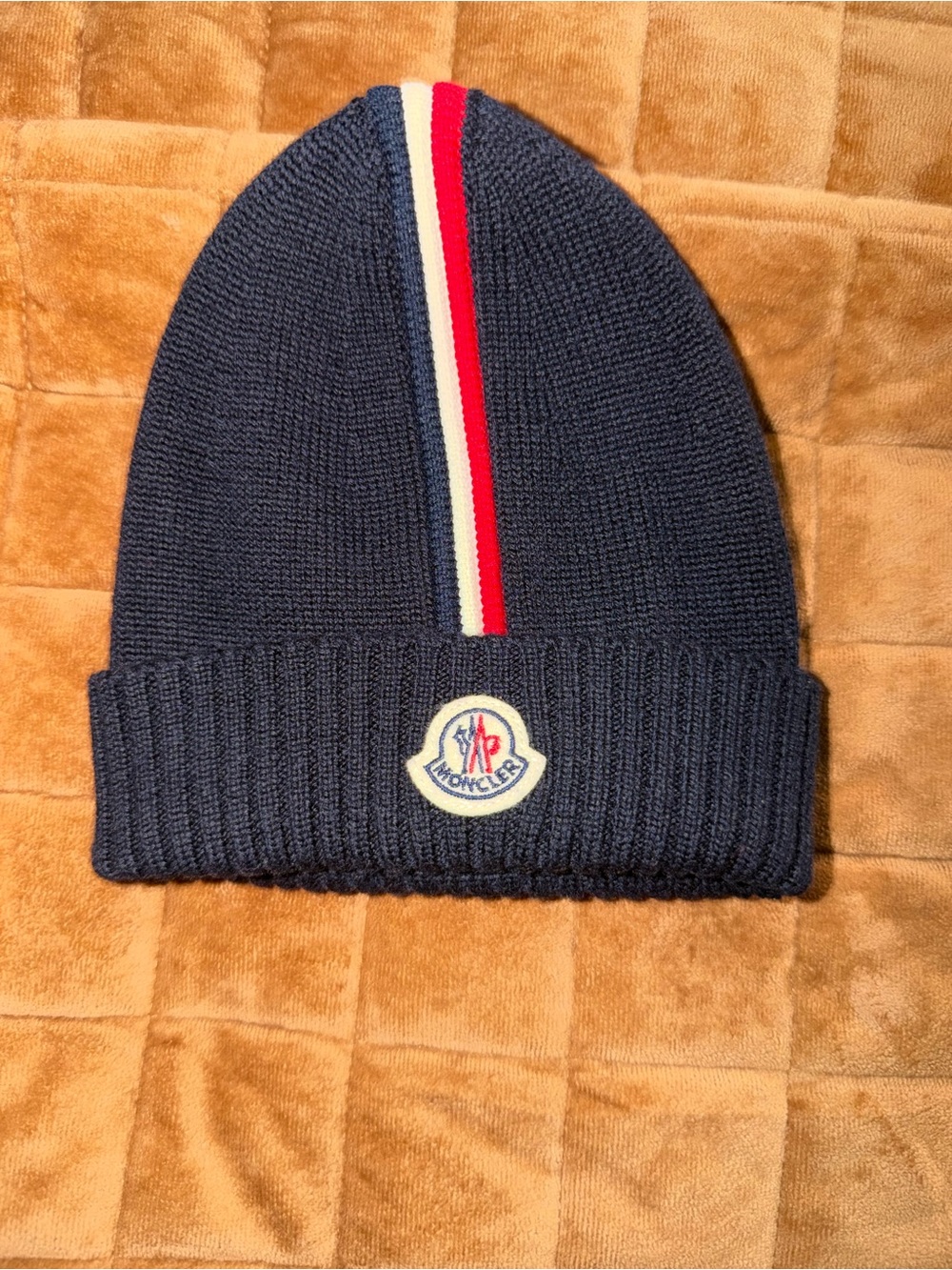 Moncler Navy Beanie with Red-White Tricolor Stripe